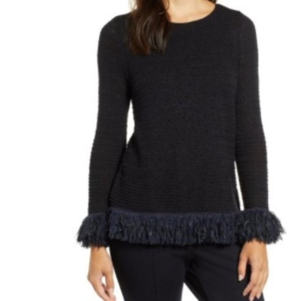 Nic + Zoe Run Around Fringe Trim Sweater Navy Size Medium